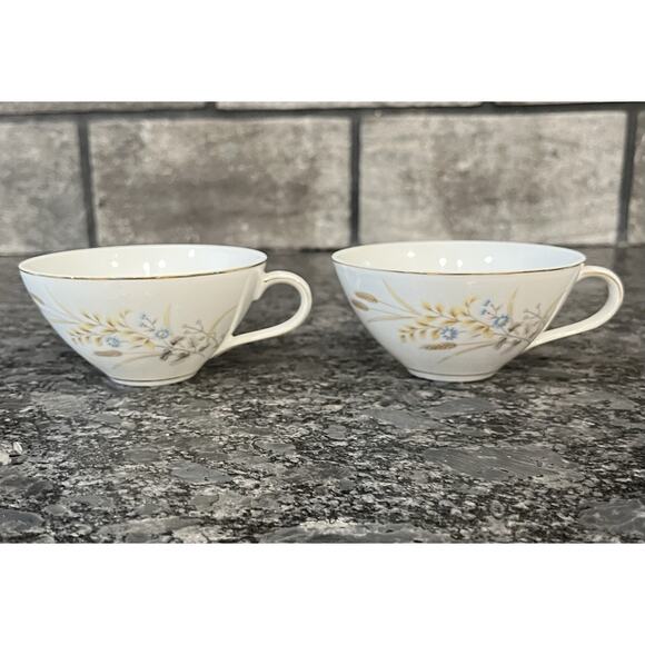2 Vintage Fine China of Japan Autumn Wheat Flat Cups Yellow Wheat Blue Flowers - Picture 1 of 7
